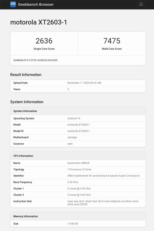 Motorola edge 70 Ultra geekbench